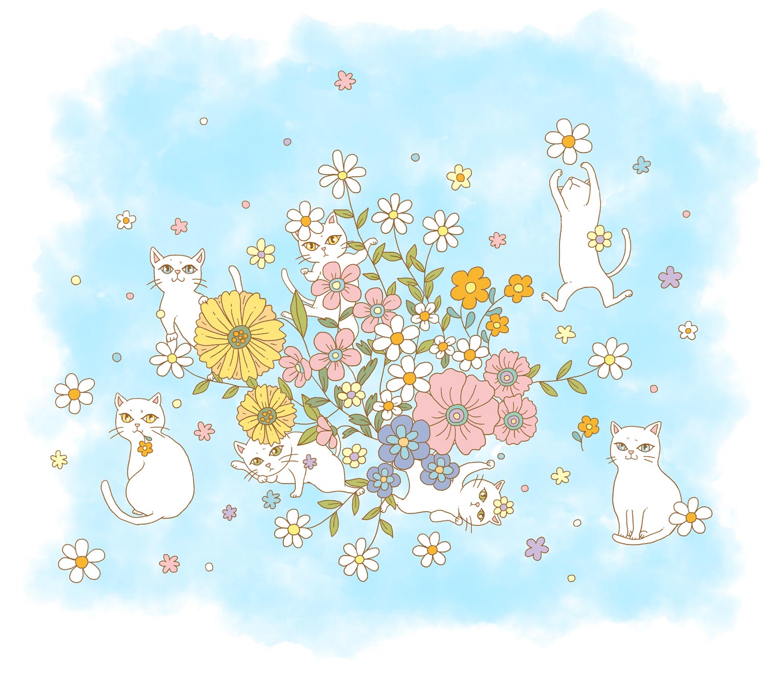 イラスト・白猫と花